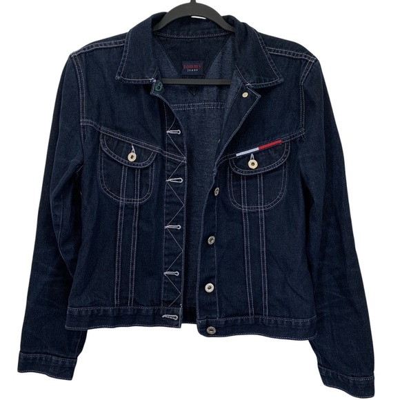 Vtg Tommy Hilfiger Jean Jacket Womens Sz Medium Dark Wash Denim Y2K Fall Winter - Picture 1 of 9